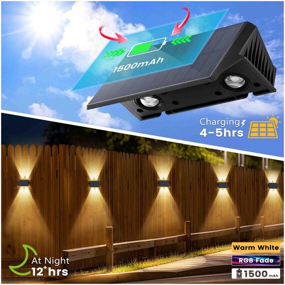 IIRARA Solar Wandleuchte Aussen, Solarlampen für Außen Nach Oben und Unten Beleuchtet, 4 LEDs, Wasserdichte Außenwandleuchten für Garten Balkon Terrasse Treppen Wandleuchten Warm RGB 6er