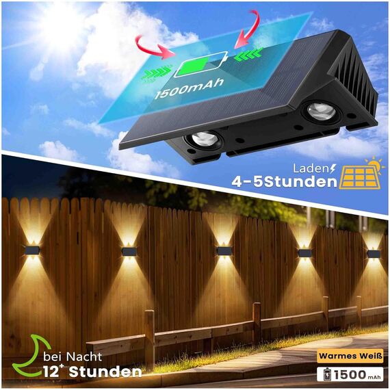 IIRARA wandleuchte solar außen solar wandleuchte aussen solarlampen Nach Oben und Unten Beleuchtet 4 LEDs IP67 Wasserdichte Solarleuchte für Garten Balkon Terrasse Treppen Warmweiß 4er