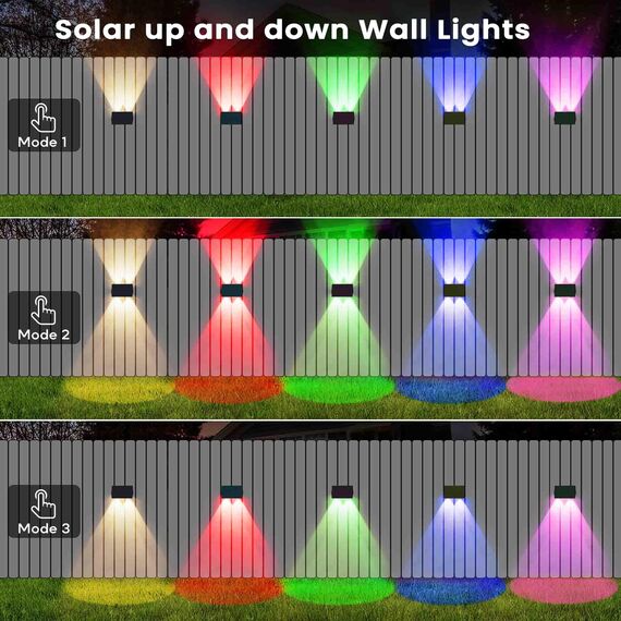 IIRARA Solar Wandleuchte Aussen, Solarlampen für Außen Nach Oben und Unten Beleuchtet, 4 LEDs, Wasserdichte Außenwandleuchten für Garten Balkon Terrasse Treppen Wandleuchten Warm RGB 6er