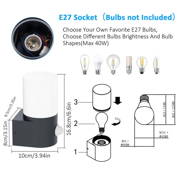 Klighten 2 Stück Wandleuchten Außen Innen, E27 Außenwandleuchte, Außenlampe mit Bewegungsmelder, IP65 Außenleuchte, Aussenleuchte für Eingang Terrass, PC Aluminium, ohne Leuchtmittel, Anthrazit