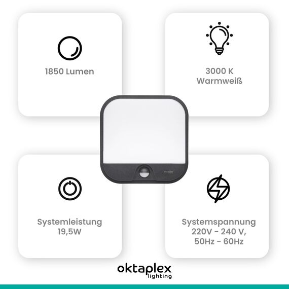 Oktaplex Cera Aussenlampe mit Bewegungsmelder IP54 Außenwandleuchte 3000K warmweiß 1850lm LED Außenleuchte anthrazit 19,5W 230V