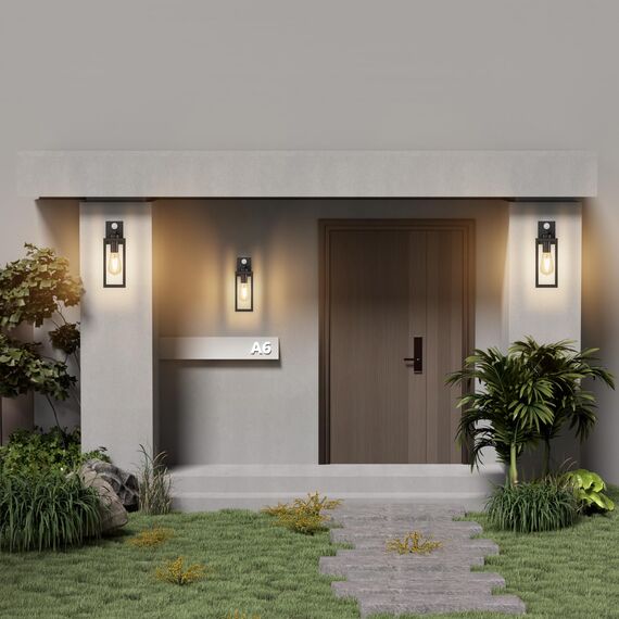 K-Bright Aussenlampe mit Bewegungsmelder, Laterne, Kompatibel mit E27-Glühbirnen Vintage Outdoor Wandlampe, max. 40 Watt, für Terrasse u. Hof Schwarz(Glühbirne nicht enthalten).