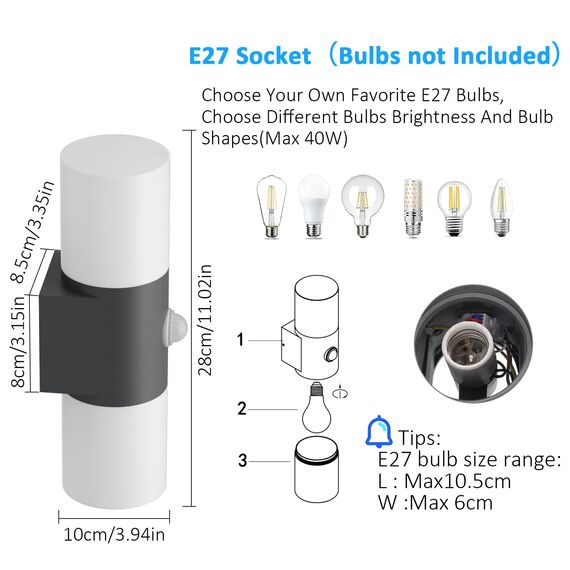 Klighten Wandleuchten E27 Außen/Innen 2 flammig, Dunkelgrau Außenlampe mit Bewegungsmelder, Up and Down Außenleuchte IP54 Aussenlampe, Aluminium Modern Wandlampe für Eingang Terrass, ohne Leuchtmittel