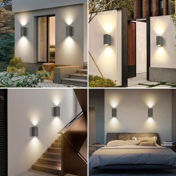 Wandleuchte Aussen Innen 2 Stück, IP65 Wasserdichte 10W Warmweiß 3000K Aluminium Eckig Außen Wandlampe Außenlampe mit GU10 Glühbirnen Außenleuchte für Garten Front Badezimmer Veranda Garage Anthrazit
