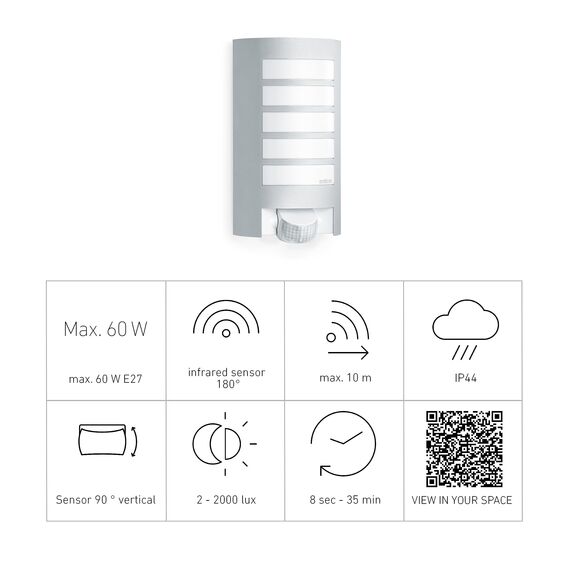 Steinel Außenleuchte L 12 S silber, 180° Bewegungsmelder, Dämmerungssensor, Alu-Blende, E27, Max. 60 W Außenwandleuchte