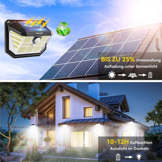 TECKNET Solarlampen für Außen, 【4 Stücke】 231 LED Solarlampe 300° Superhelle mit Bewegungsmelder 3 Modi IP65 Wasserdichte Wandleuchte für Wand Post Pathway Garten Garage