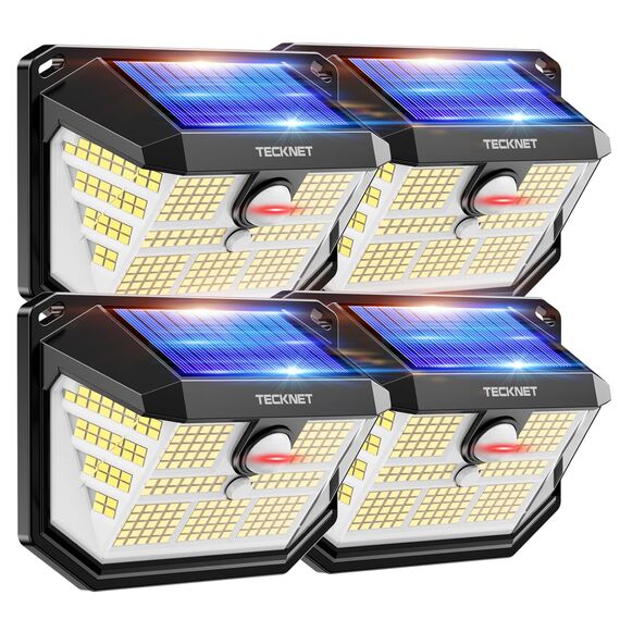 TECKNET Solarlampen für Außen, 【4 Stücke】 231 LED Solarlampe 300° Superhelle mit Bewegungsmelder 3 Modi IP65 Wasserdichte Wandleuchte für Wand Post Pathway Garten Garage