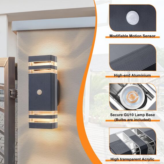 CELAVY Aussenlampe Außenlampe mit Bewegungsmelder - LED GU10 Außenleuchte Aussenleuchte, IP65 Up Down Wandleuchte Wandlampe aussen, Außenbeleuchtung Außenwandleuchte Ausenbeleutung Hauswand, Grau