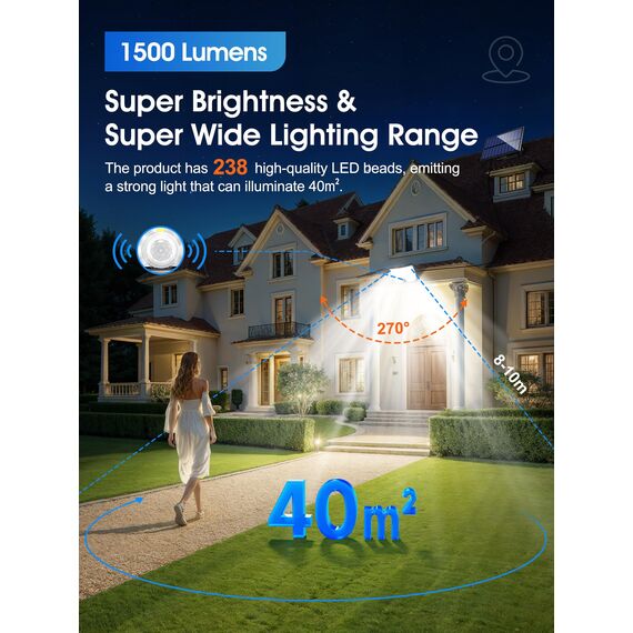 PIKOY Solarlampen Für Außen Mit Bewegungsmelder, 238LEDs 1500LM Solarstrahler für Außen, 3 Modi LED Solar Strahler Außen, 2200mAh Solarlampen für Außen, IP65 Wasserdicht Solar Licht Solarlicht