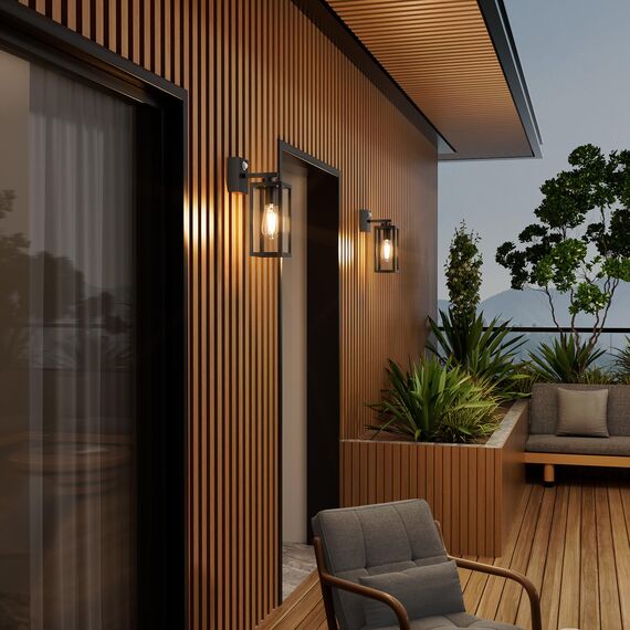 K-Bright Aussenlampe mit Bewegungsmelder, Laterne, Kompatibel mit E27-Glühbirnen Vintage Outdoor Wandlampe, max. 40 Watt, für Terrasse u. Hof Schwarz(Glühbirne nicht enthalten).