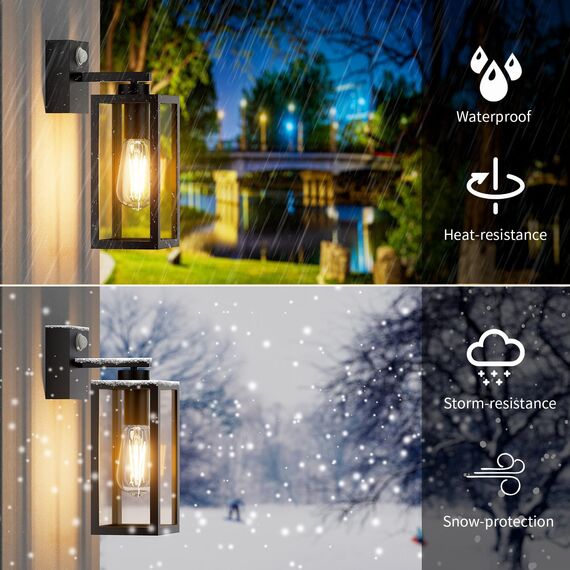 K-Bright Aussenlampe mit Bewegungsmelder, Laterne, Kompatibel mit E27-Glühbirnen Vintage Outdoor Wandlampe, max. 40 Watt, für Terrasse u. Hof Schwarz(Glühbirne nicht enthalten).