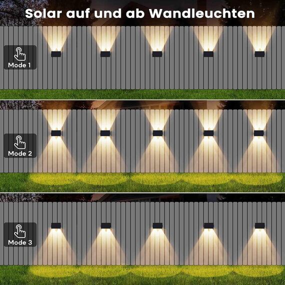 IIRARA wandleuchte solar außen solar wandleuchte aussen solarlampen Nach Oben und Unten Beleuchtet 4 LEDs IP67 Wasserdichte Solarleuchte für Garten Balkon Terrasse Treppen Warmweiß 2er