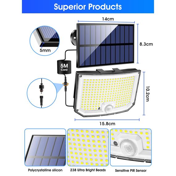 PIKOY Solarlampen Für Außen Mit Bewegungsmelder, 238LEDs 1500LM Solarstrahler für Außen, 3 Modi LED Solar Strahler Außen, 2200mAh Solarlampen für Außen, IP65 Wasserdicht Solar Licht Solarlicht