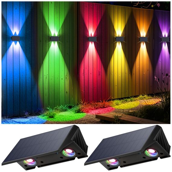 IIRARA wandleuchte solar außen solar wandleuchte aussen solarlampen Nach Oben und Unten Beleuchtet 4 LEDs IP67 Wasserdichte Solarleuchte für Garten Balkon Terrasse Treppen RGB 2er
