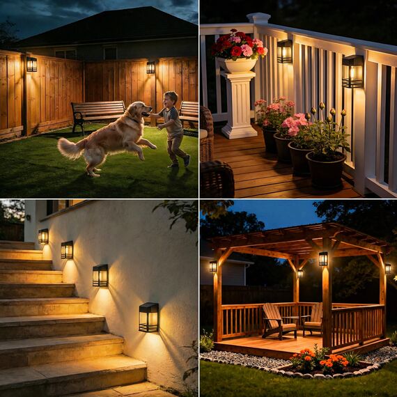 nipify Solar Wandleuchte Aussen, 4 Stück Solarleuchten für Außen Wand Garten IP65 Wasserdicht Led Solar Wandleuchte Aussen Kabellos für Veranda Garage Zaun Balkon Warmweiß