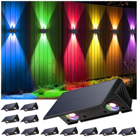 IIRARA wandleuchte solar außen solar wandleuchte aussen solarlampen Nach Oben und Unten Beleuchtet 4 LEDs IP67 Wasserdichte Solarleuchte für Garten Balkon Terrasse Treppen RGB 12er