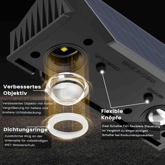 IIRARA wandleuchte solar außen solar wandleuchte aussen solarlampen Nach Oben und Unten Beleuchtet 4 LEDs IP67 Wasserdichte Solarleuchte für Garten Balkon Terrasse Treppen RGB 2er