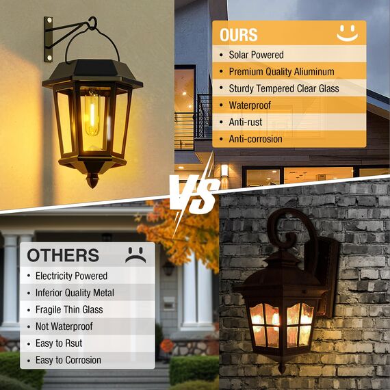 Woolmug 2 Stück Solarlampen für Außen Hängend, Retro Solarlaterne für Außen Wasserdicht, Glas Edelstahl Solarleuchten Garten, Solar Wandleuchte Aussen Gartenleuchten Deko für Garten Wand Terrasse