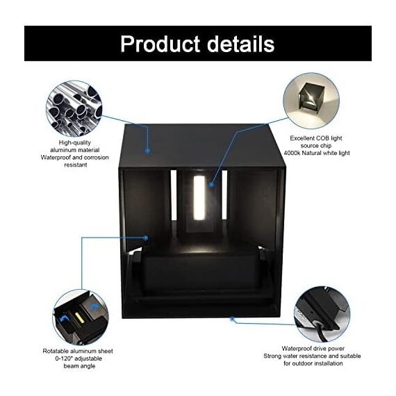 Kingwei 4 Stücke LED Wandleuchten Aussen/Innen 12W Neutralweiß 4000K Wandlampen Auf und ab Einstellbares Lichtstrahl Außenwandleuchten Wasserdichte IP65 Wandbeleuchtung Innen Schwarz
