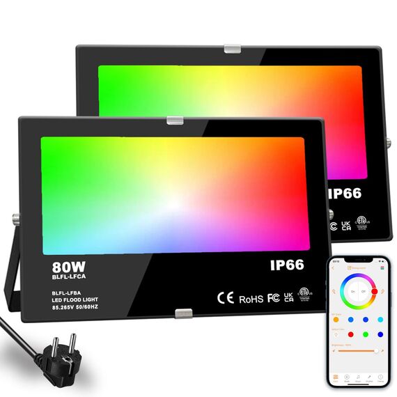 HEKEE RGB Led Strahler Außen, Farbwechsel 80W, DIY-Blitzmodus, RGB Led Fluter, Timer, Bluetooth IP66 wasserdicht