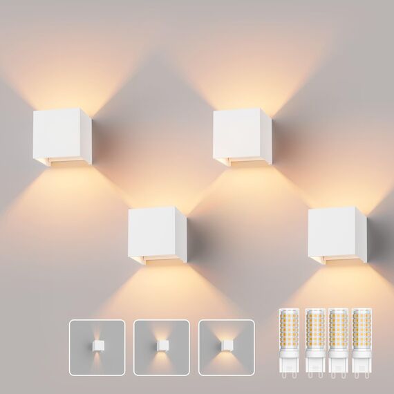 Klighten 4 Pack Wandleuchte mit Austauschbarer G9 LED Lampe Warmweiß 3000K, Aluminium LED Wandlampe Innen/Aussen Einstellbar Abstrahlwinkel aussenbeleuchtung für Wohnzimmer Garten, Weiß