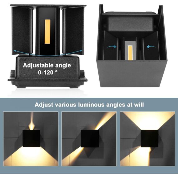 Kingwei 8 Stücke LED Wandleuchten Innen/Aussen 12W Wandlampen Auf und ab Einstellbarer Lichtstrahl LED Aussenlampe Wasserdichte IP65 Außenwandleuchten Warmweiß 3000K Wandbeleuchtung Schwarz