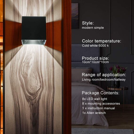 Kingwei 8 Stücke LED Wandleuchten Aussen 12W Wandlampen Kaltweiß 6000K Up Down Aussenlampen Einstellbar Abstrahlwinkel Außenwandleuchten Schwarz Außenbeleuchtung Wasserdichte IP65