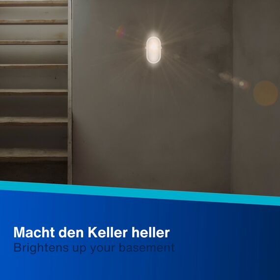 REV Kellerlampe - Feuchtraumleuchte LED oval (10W, 800lm, IP44), einsetzbar als Decken- oder Wandlampe, Feuchtraumlampe, weiß
