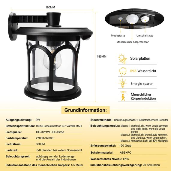 SUBOSI Solarleuchten Solarlampen für Außen Solar Wandlaterne mit Bewegungsmelder, 3 Beleuchtungsmodi, IP65 Wasserdicht Solarlampe für Garten Hof Eingangsbereich Garage Warmweiß