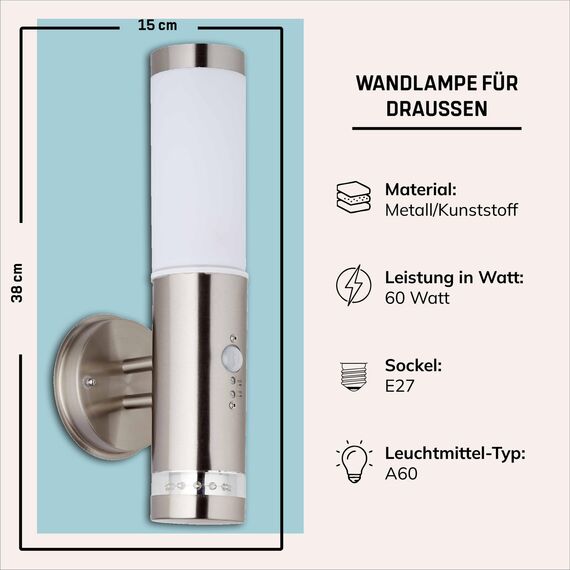 Lightbox Außen Wandlampe - 38 x 15 cm - Spritzwassergeschützte Outdoor Wandleuchte mit Dämmerungsschalter & LED-Kranz & einstellbarem Bewegungsmelder - aus Metall/Kunststoff - in Edelstahl