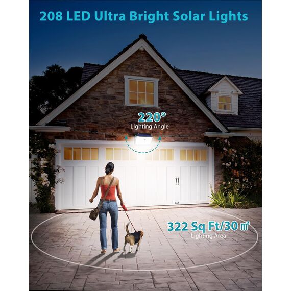 kolpop Solarlampen für Außen mit Bewegungsmelder, 2 Stück 208 LED Solarleuchten für Außen, 220° Solar Aussenleuchte mit Bewegungsmelder Aussen 3 Modi IP65 Wasserdichte Solarlampe für Garten Garage