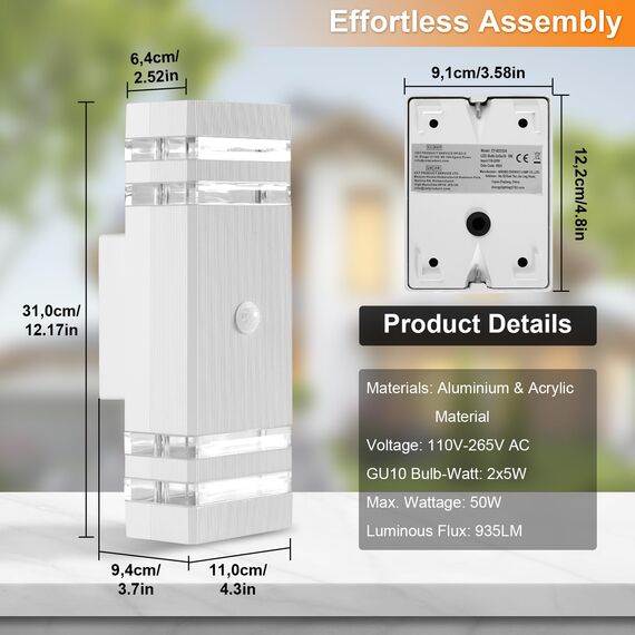CELAVY Aussenlampe Außenlampe mit Bewegungsmelder - LED GU10 Außenleuchte Aussenleuchte Wand IP65 Up Down Wandleuchte Wandlampe aussen außen, Aussenbeleuchtung Außenbeleuchtung Hauswand, Weiß
