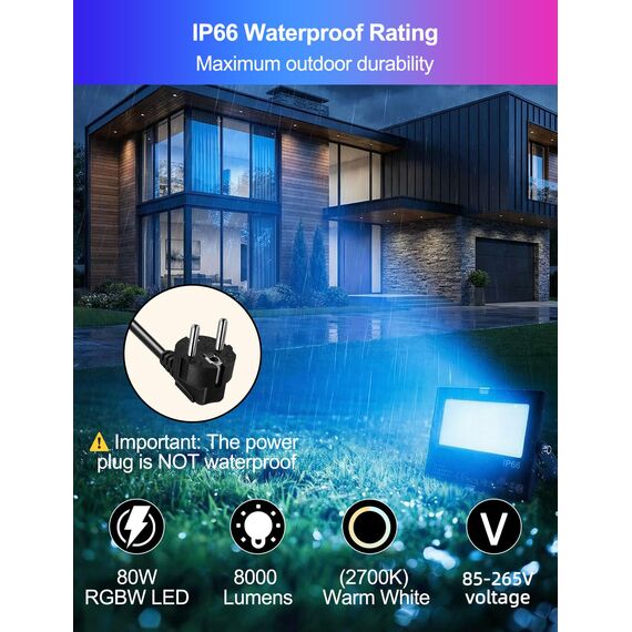 HEKEE RGB Led Strahler Außen, Farbwechsel 80W, DIY-Blitzmodus, RGB Led Fluter, Timer, Bluetooth IP66 wasserdicht