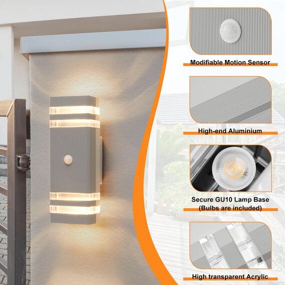 CELAVY Aussenlampe Außenlampe mit Bewegungsmelder - LED GU10 Außenleuchte Aussenleuchte Wand IP65 Up Down Wandleuchte Wandlampe Lampe aussen, Aussenbeleuchtung Außenwandleuchte Hauswand, Hellgrau