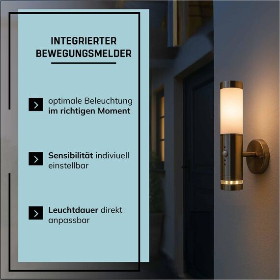 Lightbox Außen Wandlampe - 38 x 15 cm - Spritzwassergeschützte Outdoor Wandleuchte mit Dämmerungsschalter & LED-Kranz & einstellbarem Bewegungsmelder - aus Metall/Kunststoff - in Edelstahl
