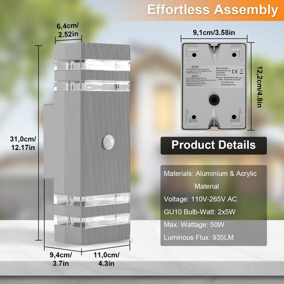 CELAVY Aussenlampe Außenlampe mit Bewegungsmelder - LED GU10 Außenleuchte Aussenleuchte Wand IP65 Up Down Wandleuchte Wandlampe Lampe aussen, Aussenbeleuchtung Außenwandleuchte Hauswand, Hellgrau