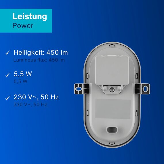 REV Kellerlampe - Feuchtraumleuchte LED oval (5,5W, 450lm, IP44), einsetzbar als Decken- oder Wandlampe, Feuchtraumlampe, grau