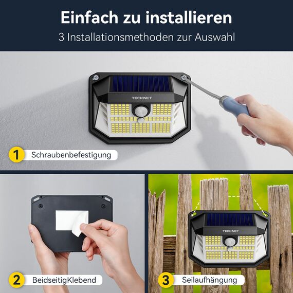 TECKNET Solarlampen für Außen, 【6 Stücke】 231 LED Solarlampe 300° Superhelle mit Bewegungsmelder 3 Modi IP65 Wasserdichte Wandleuchte für Wand Post Pathway Garten Garage