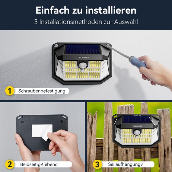 TECKNET Solarlampen für Außen, 【4 Stücke】 231 LED Solarlampe 300° Superhelle mit Bewegungsmelder 3 Modi IP65 Wasserdichte Wandleuchte für Wand Post Pathway Garten Garage