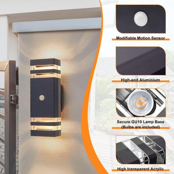 CELAVY Aussenlampe Außenlampe mit Bewegungsmelder 2 Stück, LED GU10 Außenleuchte Aussenleuchte Wand, IP65 Wandleuchte Wandlampe aussen außen, Aussenbeleuchtung Ausenbeleutung Hauswand, Anthrazit
