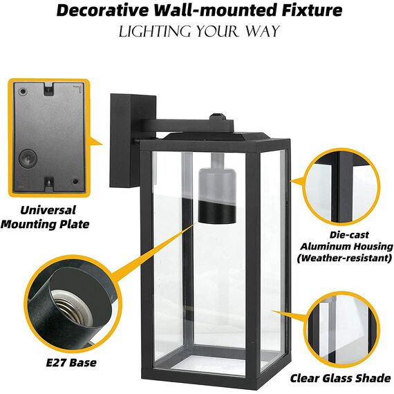 BRIMMEL Wandleuchte Außen Aluminium - Außenlampe Wand mit Klarglas, E27 Fassung 60W Max IP44 Wasserdichte Hauswand Außenwandleuchten für Veranda/Fassade, Mattschwarz