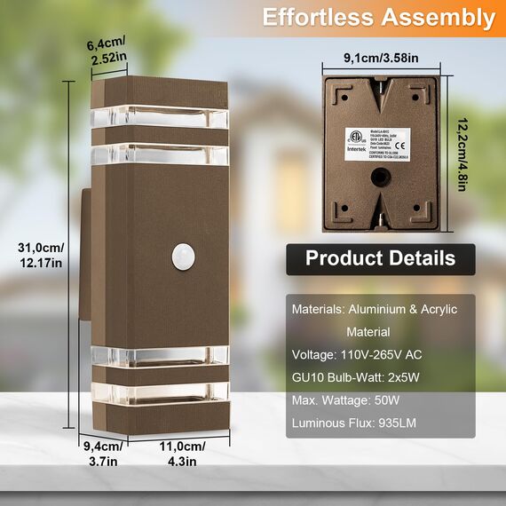 CELAVY Aussenlampe Außenlampe mit Bewegungsmelder - LED GU10 Außenleuchte Aussenleuchte Wand IP65 Up Down Wandleuchte Wandlampe Lampe aussen außen, Aussenbeleuchtung Ausenbeleutung Hauswand, Bronze