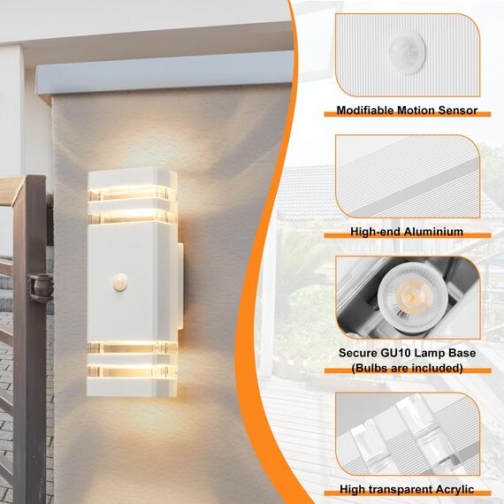 CELAVY Aussenlampe Außenlampe mit Bewegungsmelder - LED GU10 Außenleuchte Aussenleuchte Wand IP65 Up Down Wandleuchte Wandlampe aussen außen, Aussenbeleuchtung Außenbeleuchtung Hauswand, Weiß