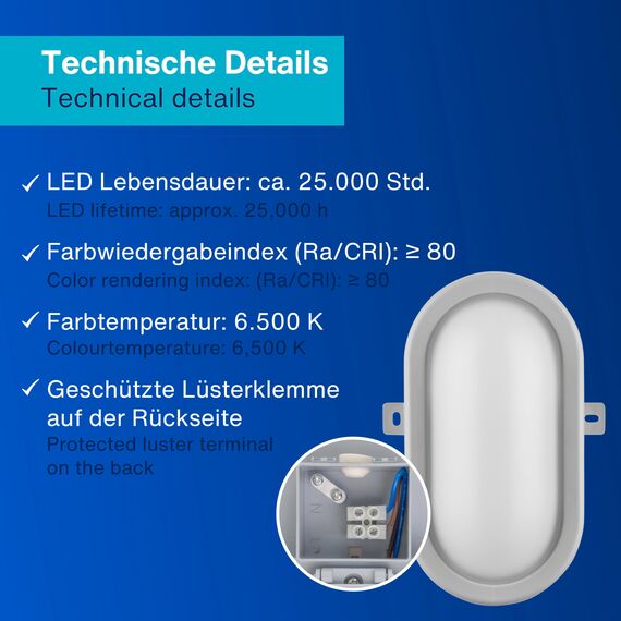 REV Kellerlampe - Feuchtraumleuchte LED oval (5,5W, 450lm, IP44), einsetzbar als Decken- oder Wandlampe, Feuchtraumlampe, grau