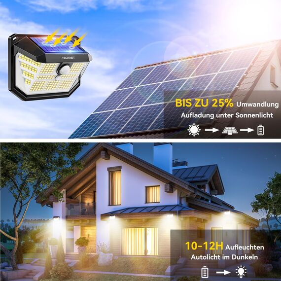 TECKNET Solarlampen für Außen, 【4 Stücke】 231 LED Solarlampe 300° Superhelle mit Bewegungsmelder 3 Modi IP65 Wasserdichte Wandleuchte für Wand Post Pathway Garten Garage