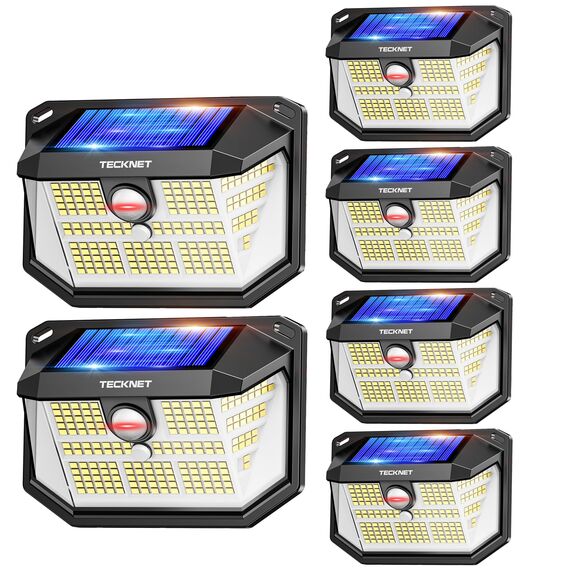 TECKNET Solarlampen für Außen, 【6 Stücke】 231 LED Solarlampe 300° Superhelle mit Bewegungsmelder 3 Modi IP65 Wasserdichte Wandleuchte für Wand Post Pathway Garten Garage
