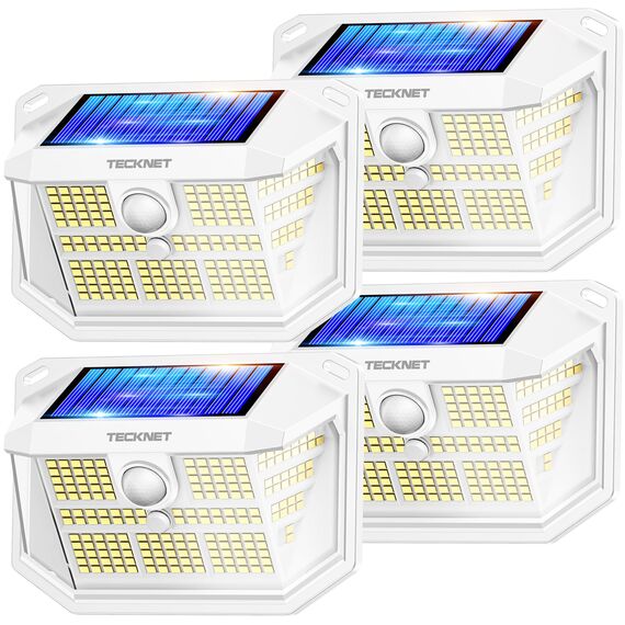 TECKNET Solarlampen für Außen, 【4 Stücke】 231 LED/300 ° Beleuchtung (Beleuchtung 35 m²), Hohe Helligkeit, Solarleuchten mit Bewegungssensor, 3 Modi, IP65, Wasserdicht, LED-Solarstrahler für Garten