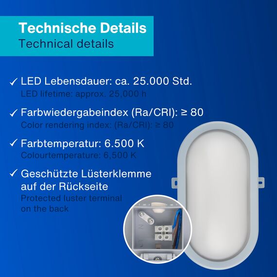 REV Kellerlampe - Feuchtraumleuchte LED oval (10W, 800lm, IP44), einsetzbar als Decken- oder Wandlampe, Feuchtraumlampe, grau