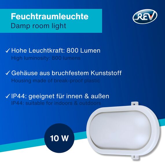 REV Kellerlampe - Feuchtraumleuchte LED oval (10W, 800lm, IP44), einsetzbar als Decken- oder Wandlampe, Feuchtraumlampe, weiß