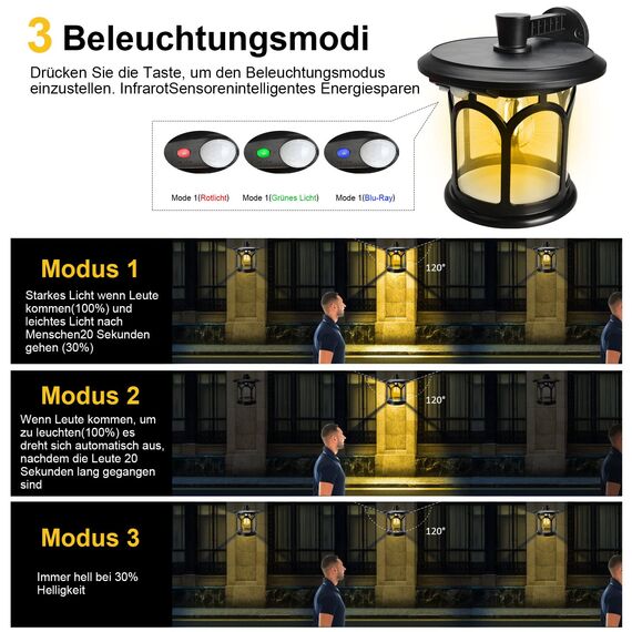 SUBOSI Solarleuchten Solarlampen für Außen Solar Wandlaterne mit Bewegungsmelder, 3 Beleuchtungsmodi, IP65 Wasserdicht Solarlampe für Garten Hof Eingangsbereich Garage Warmweiß